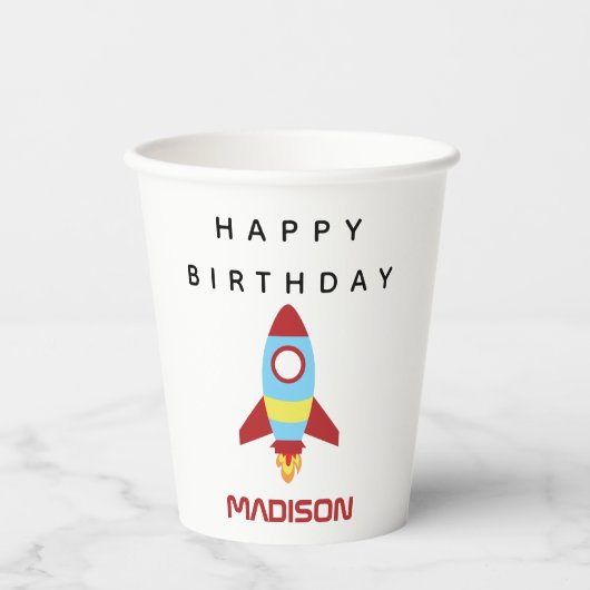 Rocket Spaceship Lancering Custom Name Birthday Papieren Bekers (Voorkant)