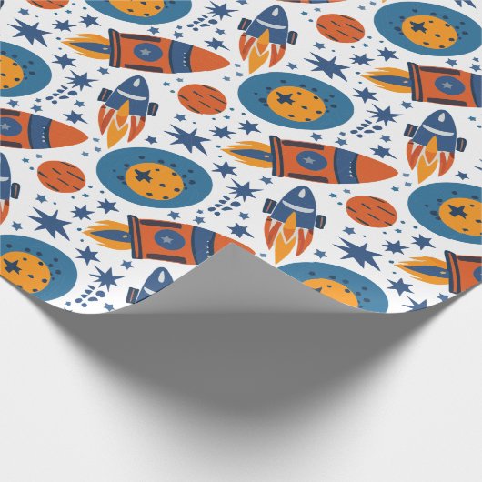 Rockets Stars and Planets Sinaasappel and Blue Cadeaupapier (Hoek)