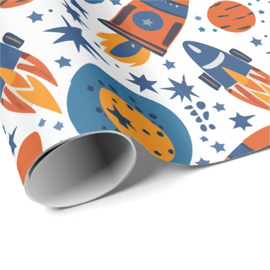 Rockets Stars and Planets Sinaasappel and Blue Cadeaupapier (Rol Hoek)