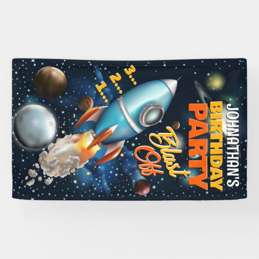 Rocketship Space Adventure Kids Verjaardag Spandoek (Horizontaal)