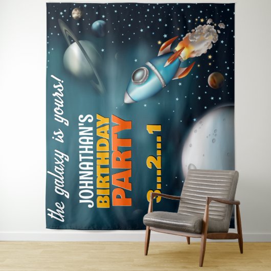 Rocketship Space Adventure Verjaardag Achtergrond Wandkleed (In situ)