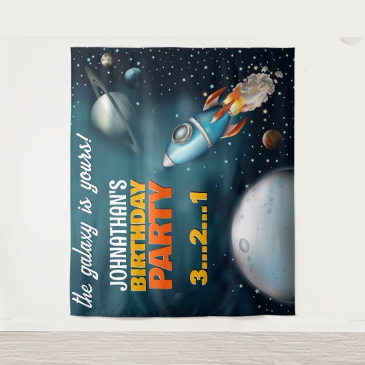 Rocketship Space Adventure Verjaardag Achtergrond Wandkleed (Voorkant)