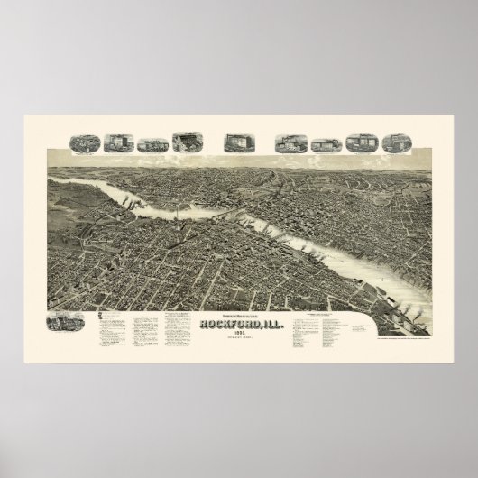 Rockford, IL Panoramic Map - 1891 Poster (Voorkant)
