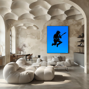 Rockgitaristposter – Zwarte Silhouet op Blauwe Ach Poster