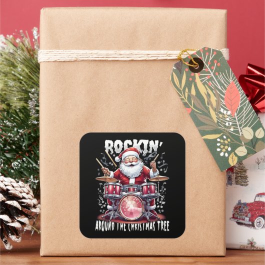 Rockin' Santa Drummer Christmas Tree Vierkante Sticker (Feestdagen)