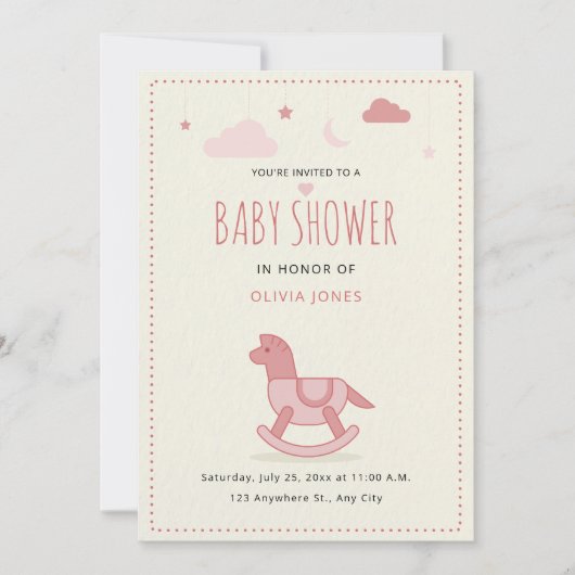 Rocking Horse Baby shower Uitnodigen, Meisje Baby Kaart (Voorkant)