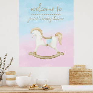 Rocking Horse Blauw Roze Geslacht Baby Welkomstbor Poster