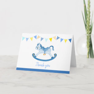 Rocking horse blue baby shower dank u kaart