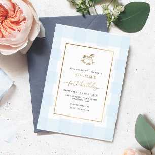 Rocking Horse Blue Gingham Birthday Folie Invite Uitnodiging