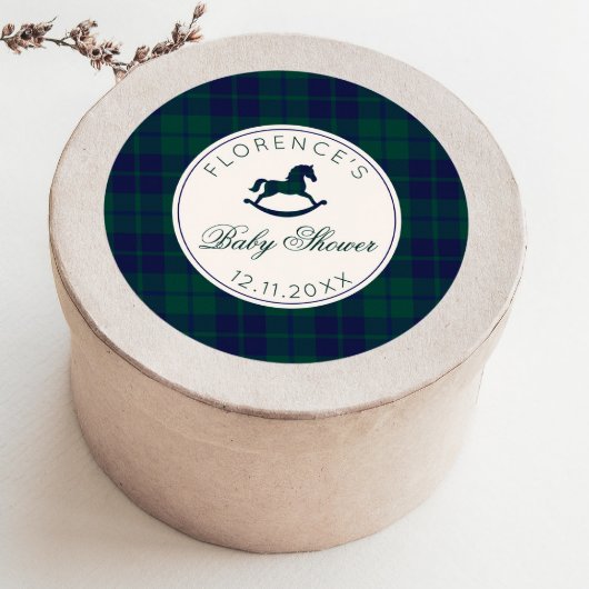 Rocking Horse Classic Plaid Baby shower Ronde Sticker
