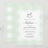 Rocking Horse Green Gingham Baptism Invitation Kaart (Voorkant / Achterkant)