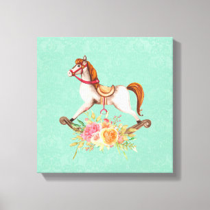  Rocking Horse met Floral Bouquet Canvas Afdruk