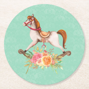  Rocking Horse met Floral Bouquet Ronde Kartonnen Onderzetter