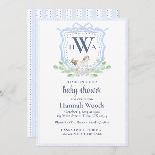 Rocking Horse Monogram Grandmillennial Baby shower Kaart (Voorkant / Achterkant)