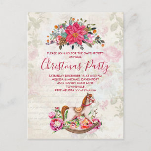  Rocking Horse & Poinsettia Kerstfeest Briefkaart