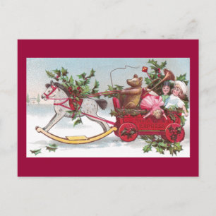 Rocking Horse, Teddy en Wagon Vintage Kerstmis Feestdagenkaart