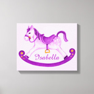 Rocking horse toevoegen jouw naam paarse kinderkam canvas afdruk