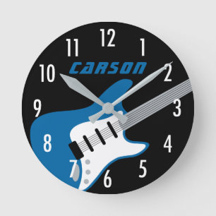 Rockstar Blue en Black Guitar Monogram Name Kinder Ronde Klok
