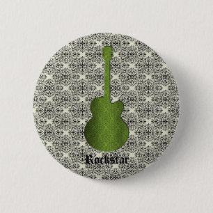 Rockstar Damask Guitar Button, Olive Green Ronde Button 5,7 Cm