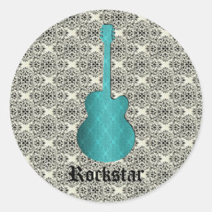 Rockstar Damask Guitar Stickers, Turquoise Ronde Sticker