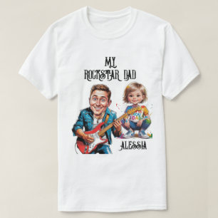 Rockstar karikaturen vader en kind met gitaar t-shirt