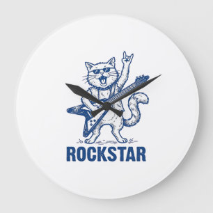 Rockstar Kat Gitaar Vintage Gravure Shirt Ontwerp Grote Klok