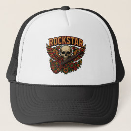 Rockstar Schedel Gitaar Vleugels – Krachtige Bloem Trucker Pet