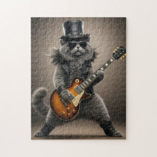 Rocksterkat speelt elektrische gitaar in leer legpuzzel