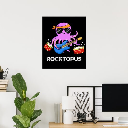 Rocktopus Funny Rock Band Octopus Pun Dark BG Poster (Thuiskantoor)