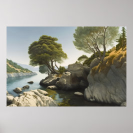 Rocky cove in een meer in de heuvels poster