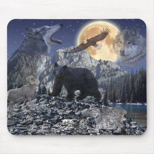 Rocky Mountain Wildlife Wolf, Beer, Adelaar, Maan Muismat (Voorkant)