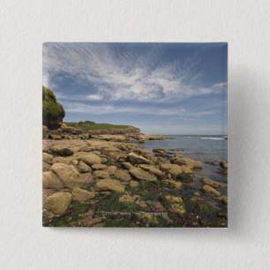 Rocky Seaside met motorboot Vierkante Button 5,1 Cm