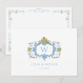 Rococo Blau Monogram Wapen Huwelijk  Bedankkaart (Voorkant / Achterkant)