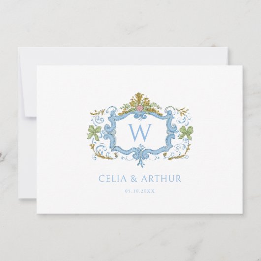 Rococo Blau Monogram Wapen Huwelijk  Bedankkaart (Voorkant)