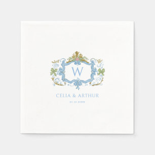 Rococo Blau Monogram Wapen Huwelijk Servet