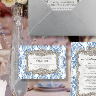  Rococo Blauw Wit Zilver Bloemen Bruiloft RSVP Kaartje