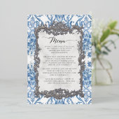 Rococo Bloemenblauw Wit Diner Menu Folie Uitnodiging (Staand Voorkant)