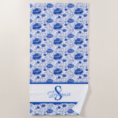 Rococo Blue Floral Elegance Monogram Naam Strandlaken (Voorkant)