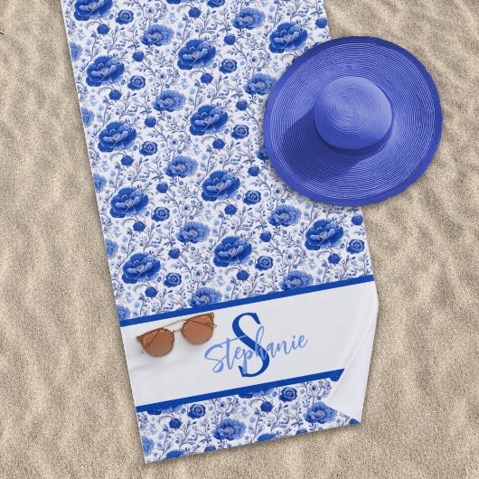 Rococo Blue Floral Elegance Monogram Naam Strandlaken