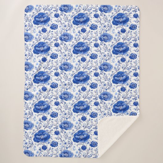 Rococo Blue Floral Elegance Sherpa Deken (Voorkant)
