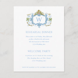 Rococo Blue Monogram Crest Rehearsal Dinner Kaart