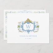 Rococo Blue Monogram Crest Wedding  Bedankkaart (Voorkant / Achterkant)