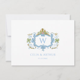 Rococo Blue Monogram Crest Wedding  Bedankkaart