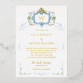 Rococo Blue Monogram Crest Wedding Folie Uitnodiging
