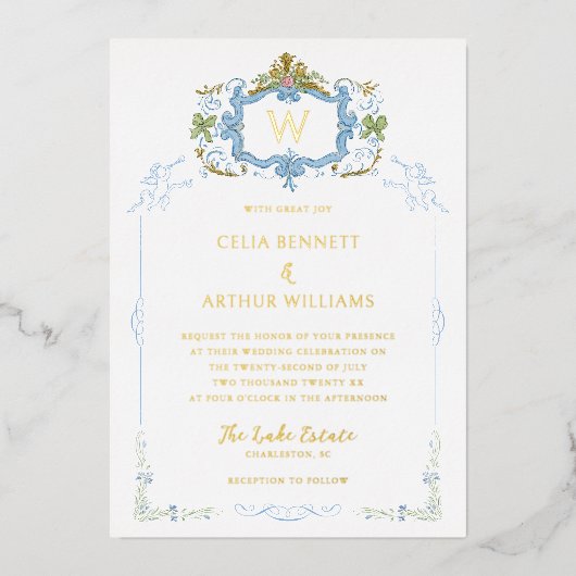 Rococo Blue Monogram Crest Wedding Folie Uitnodiging (Voorkant)