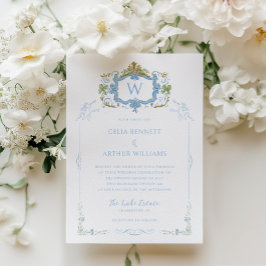 Rococo Blue Monogram Crest Wedding Kaart
