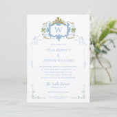 Rococo Blue Monogram Crest Wedding Kaart (Staand voorkant)