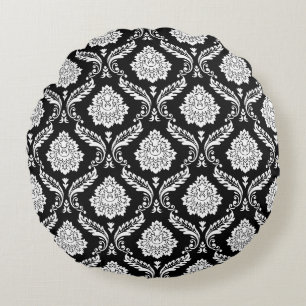 Rococo Damask 2-weg patroon Zwart+Wit Rond Kussen