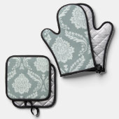 Rococo Damask Art I Duck Egg Blue+Teal Ovenwant & Pannenlap Set (Voorkant / Achterkant)