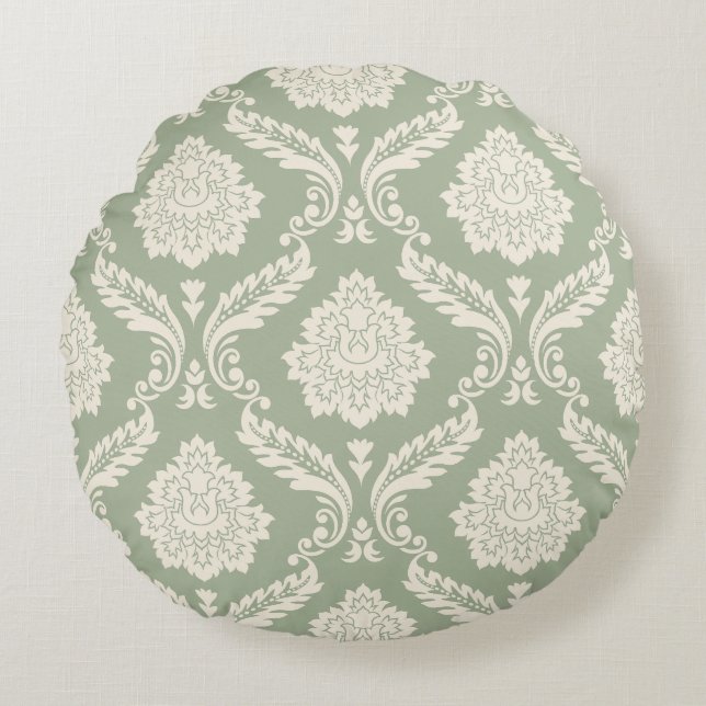 Rococo Damask Big Pattern Cream on Green Rond Kussen (Voorkant)